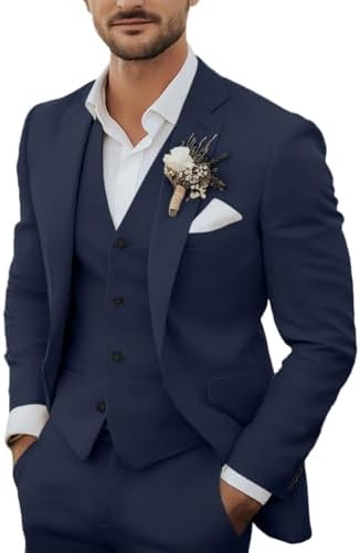 Men's lightweight linen three-piece suit in navy with blazer, vest, and white shirt