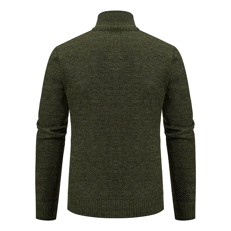 Back view of the army green knit cardigan with ribbed collar and hem 31