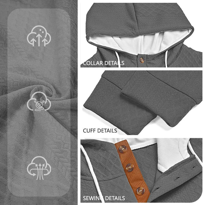 Gray hoodie detail collage showing fabric texture, collar, cuff and button placket stitching 31