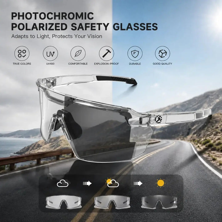Black SunShift Tactical Sunglasses with a photochromic lens and clear frame, front view.