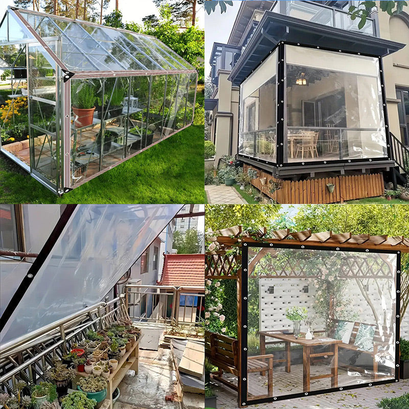 Four-panel collage of the clear tarp used on a greenhouse, porch, rooftop terrace and pergola.