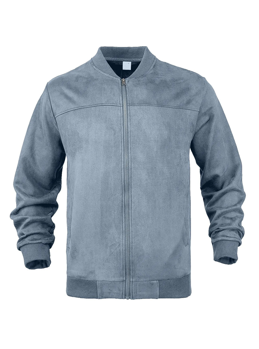 Slate blue suede-look zip-up bomber jacket laid flat, front view with ribbed collar and cuffs 32