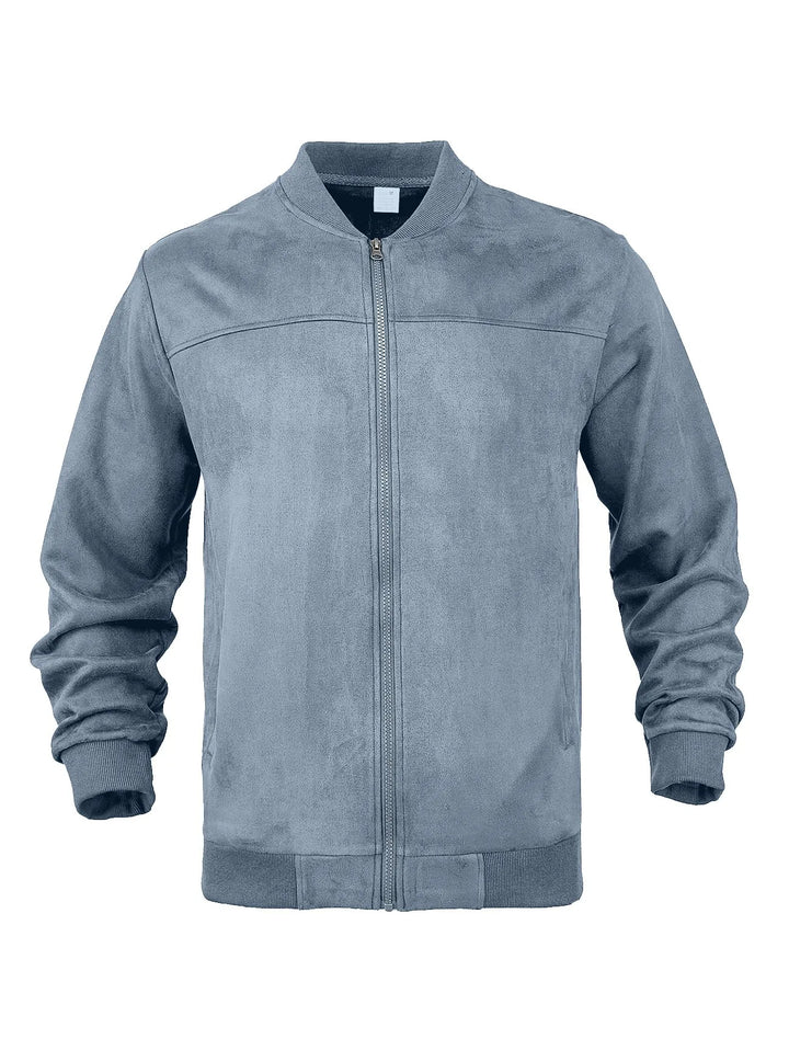 Slate blue suede-look zip-up bomber jacket laid flat, front view with ribbed collar and cuffs 32
