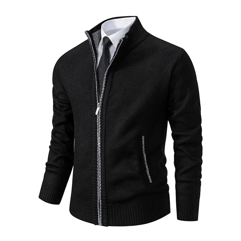 Black knit zip cardigan with contrasting gray zipper and pocket trim, angled view 32