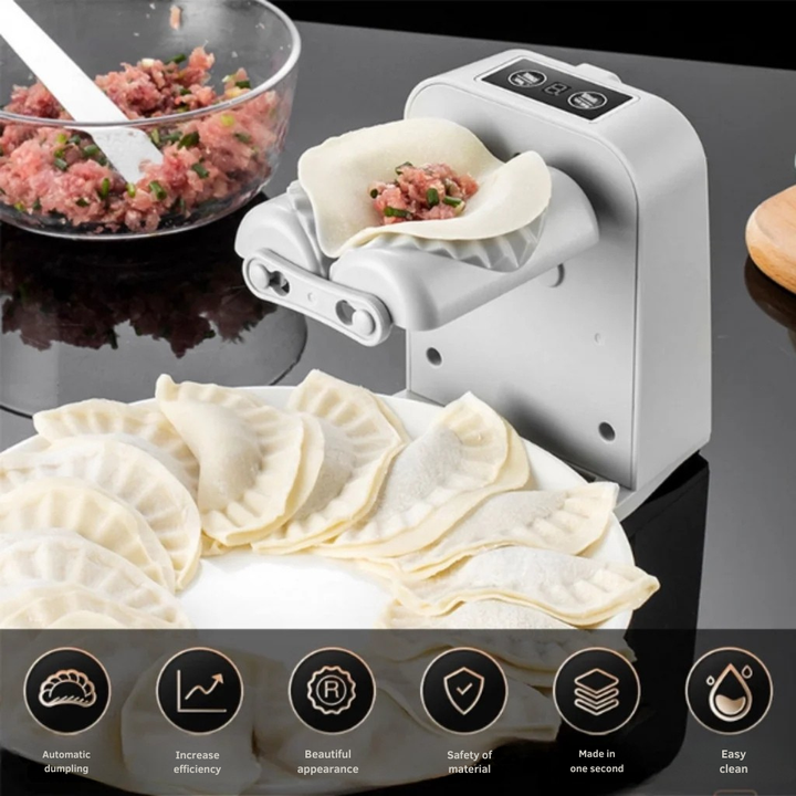 Front view of the white machine with a filled dough round in place, a bowl of filling beside it, and a row of icons below. 4