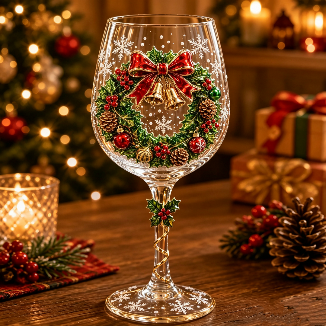 Wine glass with a 3D holly wreath, red bow, gold bells and pinecones, with a holly charm and gold spiral on the stem. 5