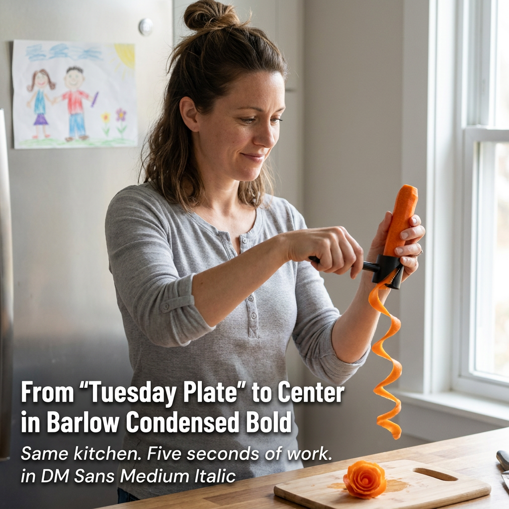 Another view of a woman using the black vegetable rose maker tool to curl a carrot in a bright kitchen.