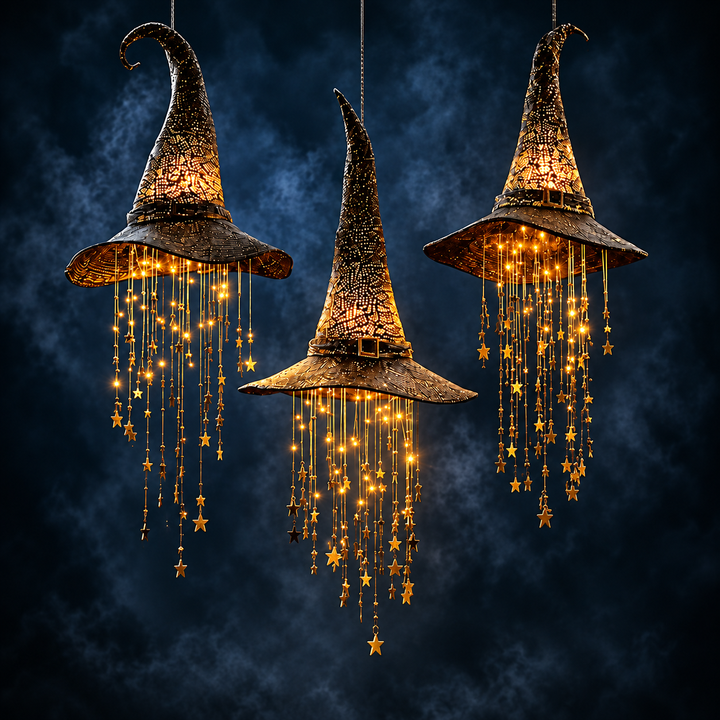 Three glowing witch hats with golden star strands hang against a dark blue misty backdrop 3