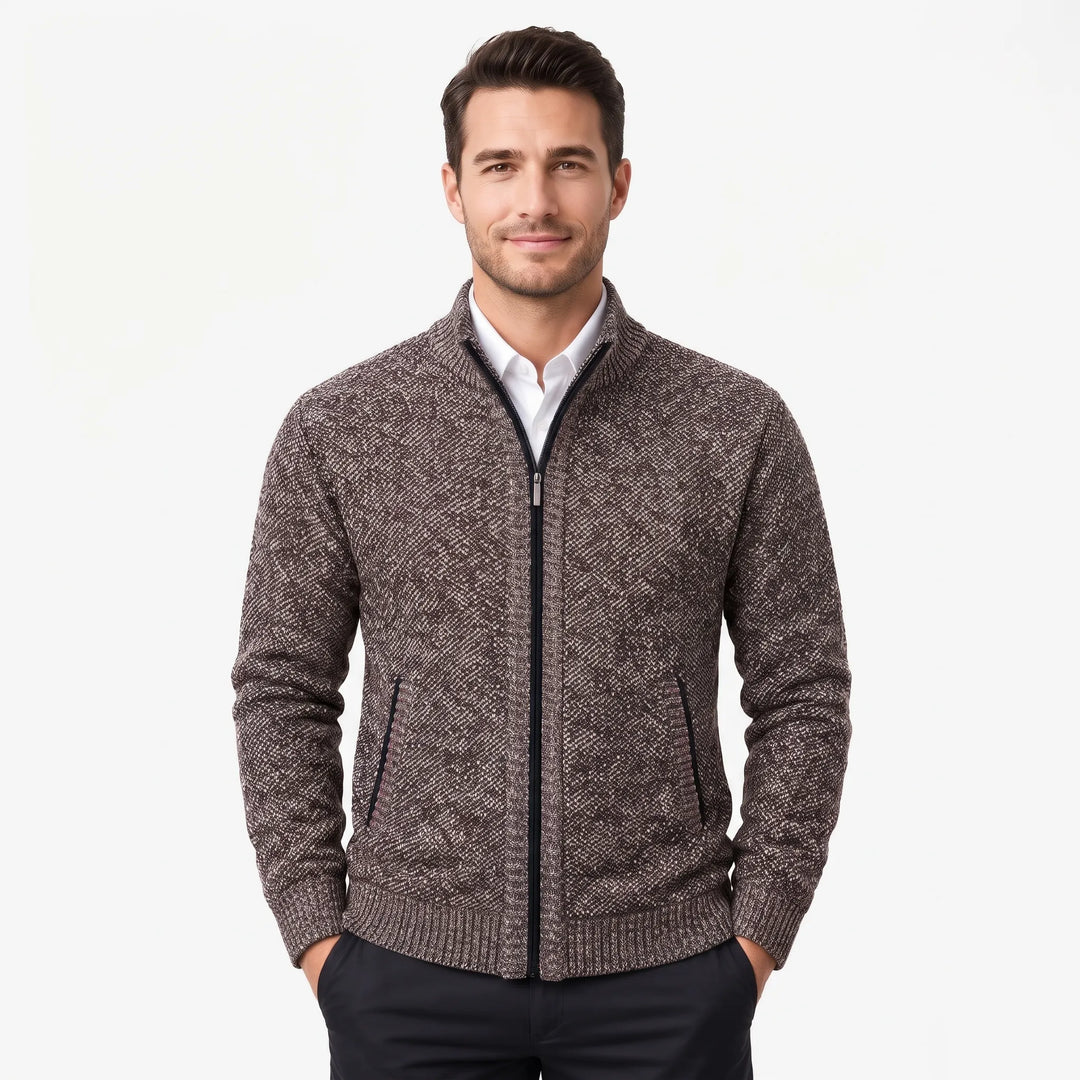 Smiling male model in a brown marled knit zip cardigan with hands in pockets 33