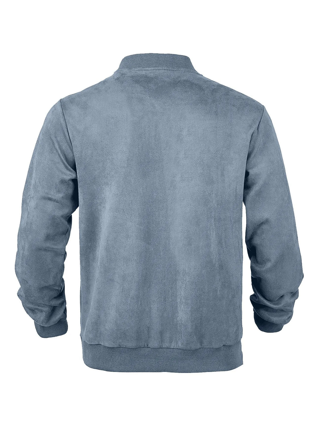 Slate blue zip-up bomber jacket laid flat, back view with ribbed collar, cuffs and hem 33