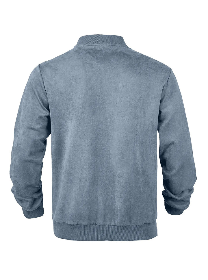 Slate blue zip-up bomber jacket laid flat, back view with ribbed collar, cuffs and hem 33