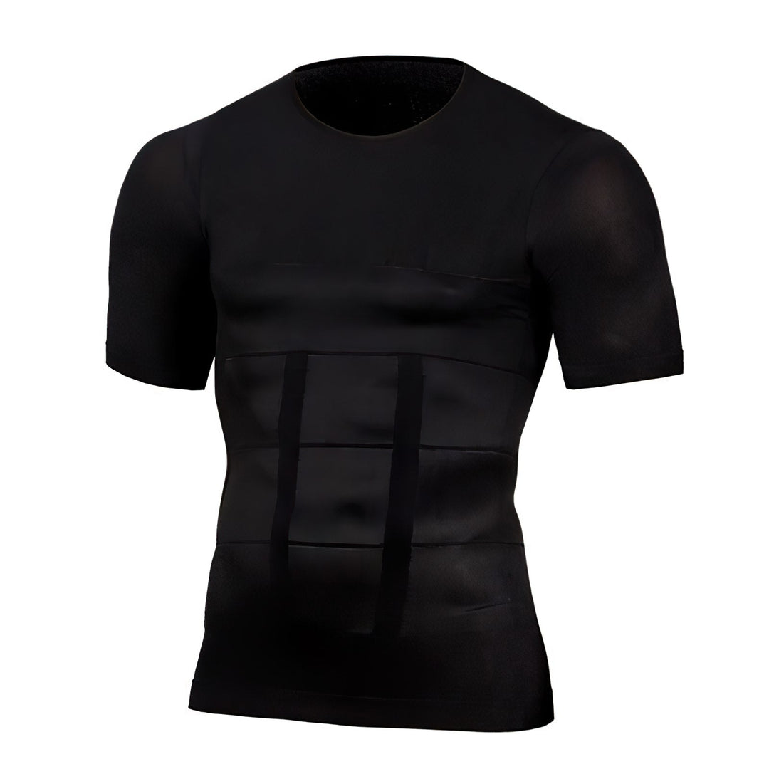 Black short-sleeve crew-neck compression top shown flat from the front, with paneled stretch bands across the abdomen. 1