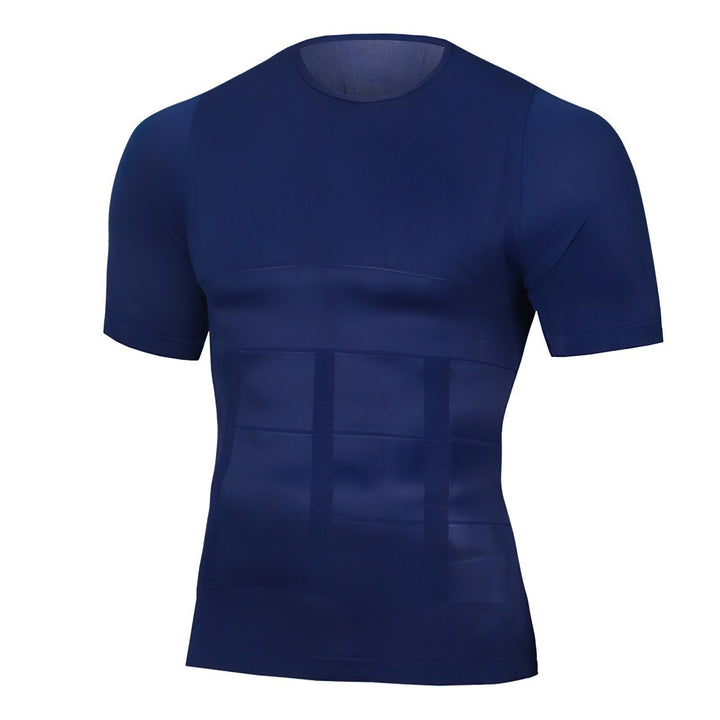 Navy blue short-sleeve compression top seen from the front, with a shaping panel layout across the stomach area. 3