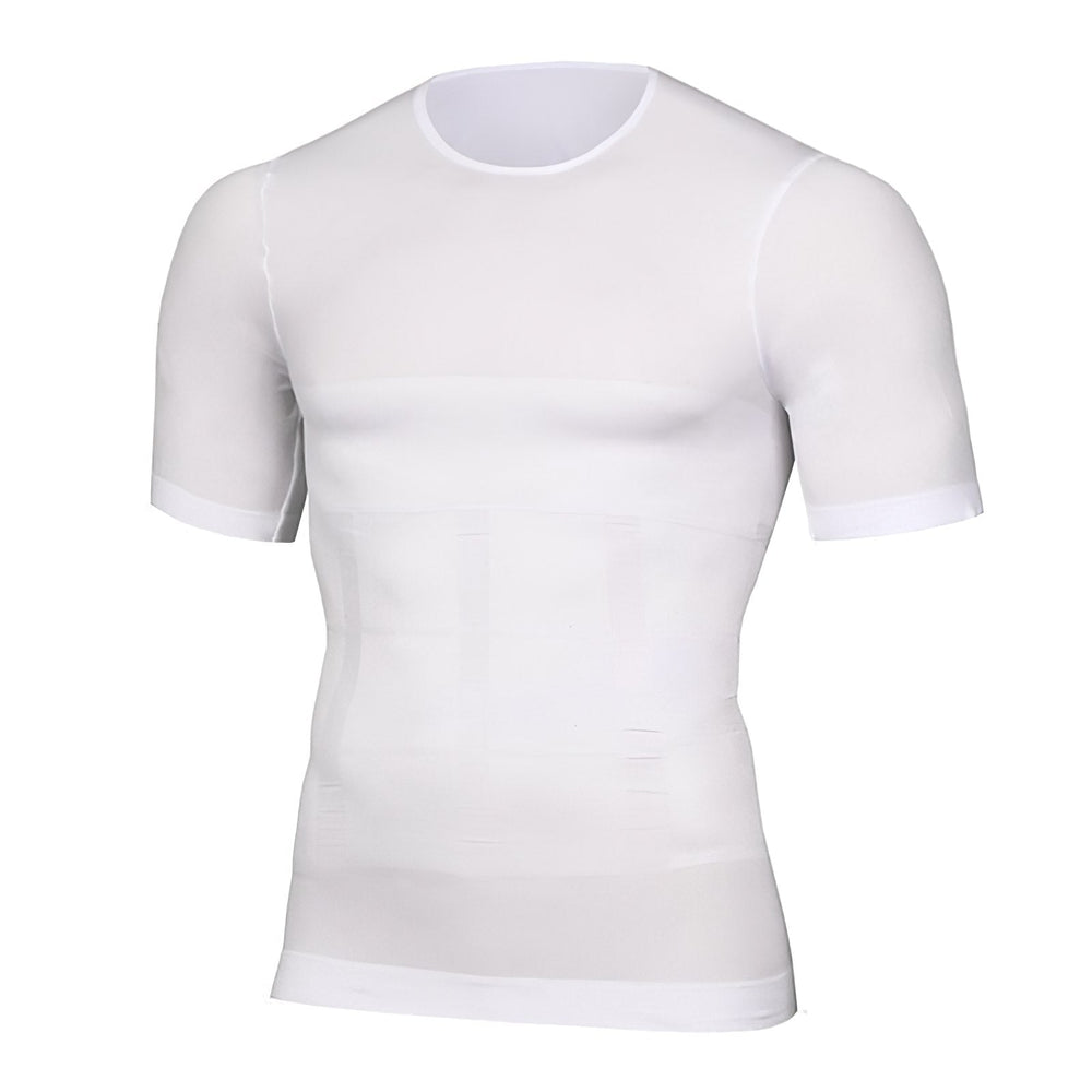 White short-sleeve compression top displayed from the front on a plain background, with a smooth fitted body and banded hem. 2