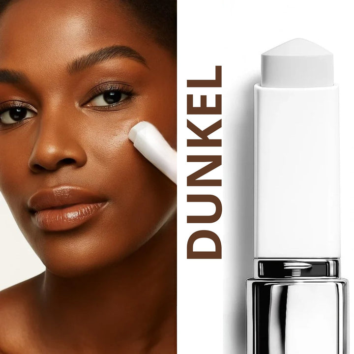 Color-Adjusting 2-in-1 Foundation stick applied to a cheek beside the white stick.
