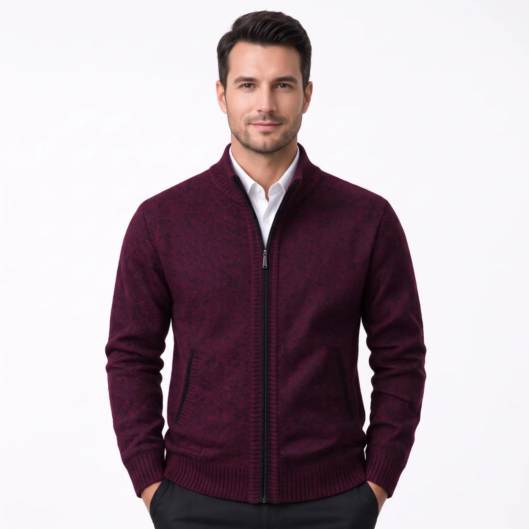 Model wearing a burgundy knit zip cardigan over a white shirt and black pants 34