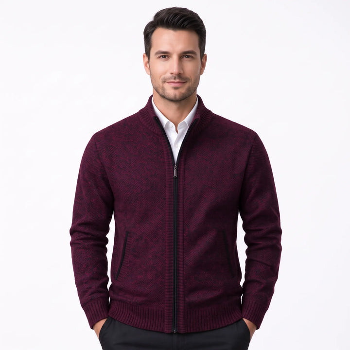 Model wearing a burgundy knit zip cardigan over a white shirt and black pants 34