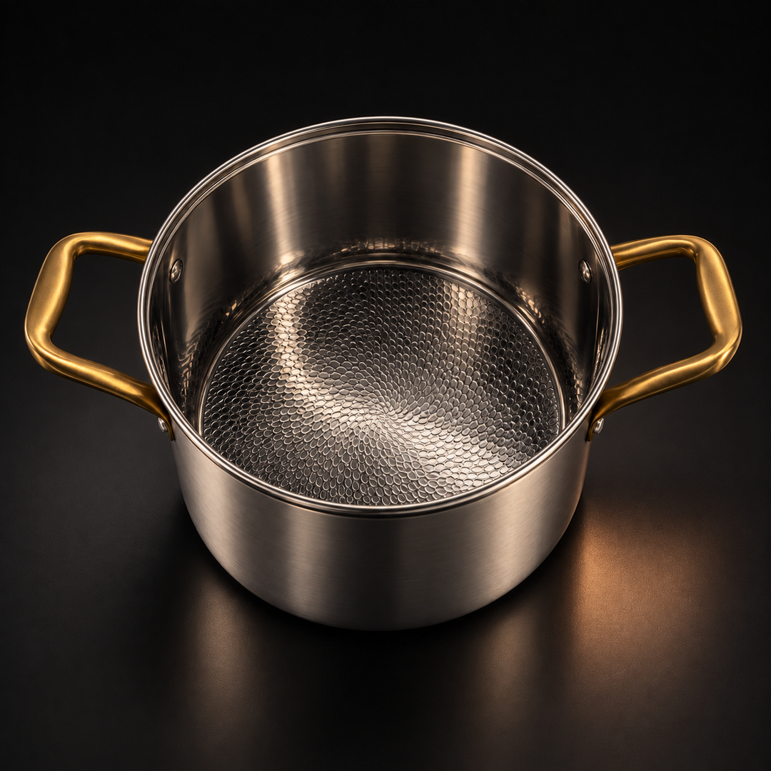 Lidless pot seen from above at an angle, showing the textured hammered-pattern cooking surface inside and the gold-toned side handles. 2