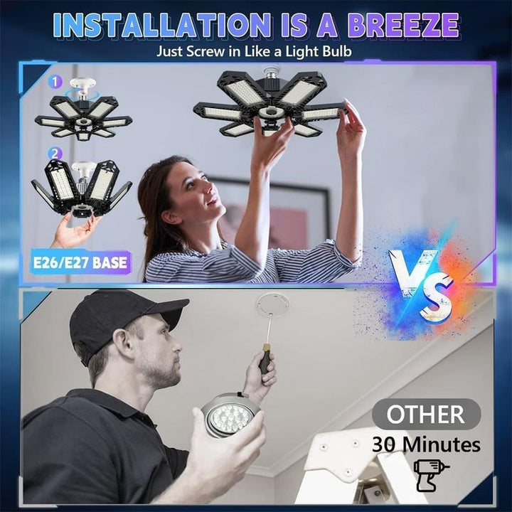 Woman screwing the folding light into a ceiling socket like a bulb, compared with a man installing a recessed fixture. 4
