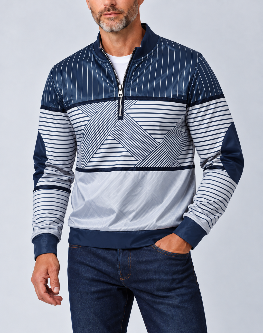 Bearded man wearing the navy and white striped half-zip pullover with a white tee and dark jeans 1