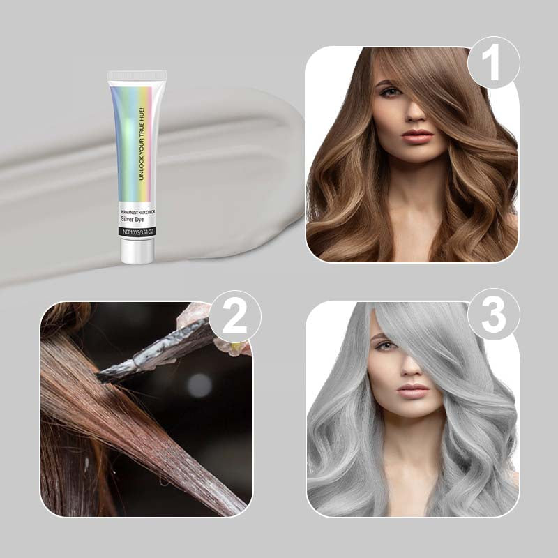 Three-step collage: cream swatch with tube, brown hair, color brushed onto strands, and a woman with finished silver wavy hair. 5