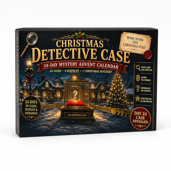 Detective-themed box with a snowy village street, caution tape and a mystery star display case.