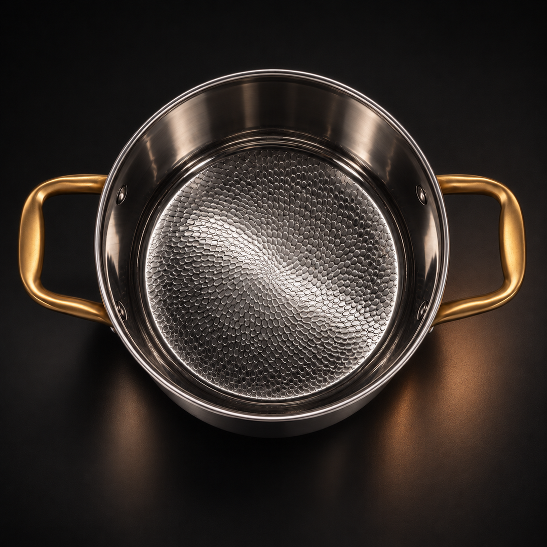 Top-down view into the empty pot, showing the dense hammered texture across the bottom and the two gold-toned handles. 3