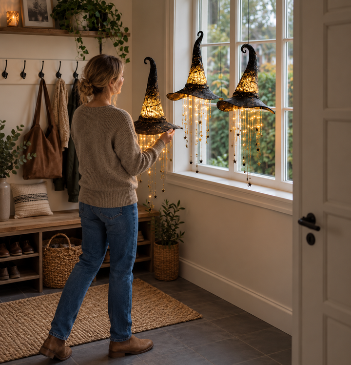 A woman in a sweater adjusts one of three glowing witch hats hanging by a window 8