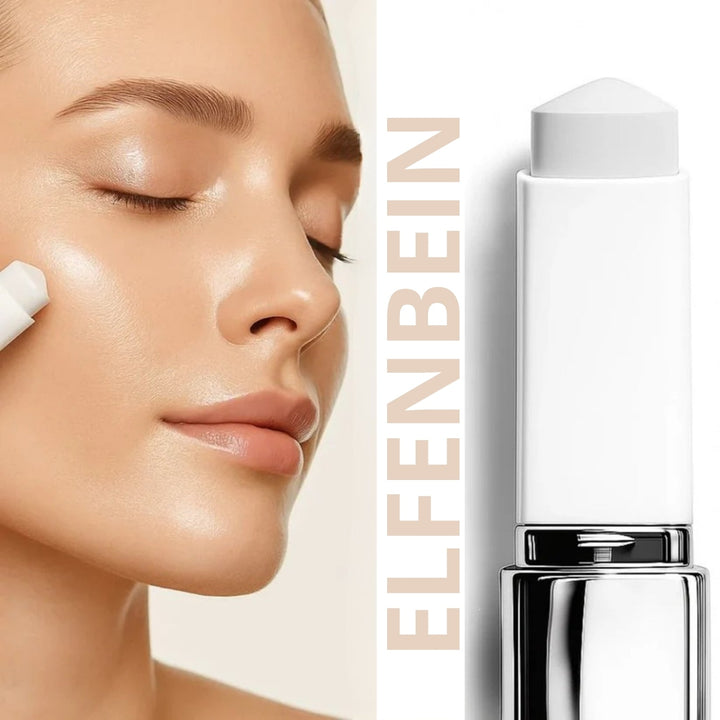 Color-Adjusting 2-in-1 Foundation stick applied to a cheek beside the white stick.