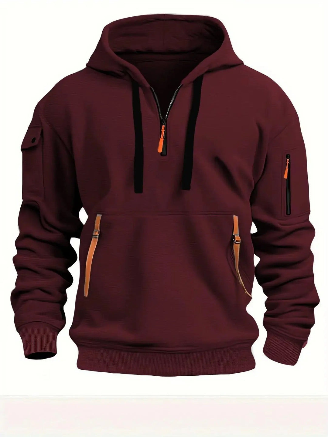 Burgundy half-zip hoodie with black drawstrings, orange zipper pulls, flap sleeve pocket and ribbed cuffs, front view 5