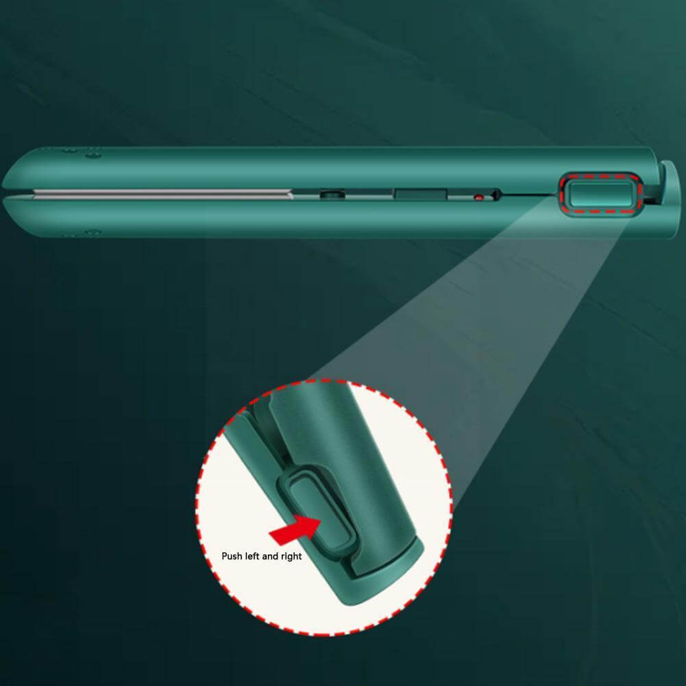 Green straightener with a magnified circle highlighting the latch at its base and an arrow showing where to push 6