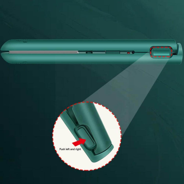 Green straightener with a magnified circle highlighting the latch at its base and an arrow showing where to push 6