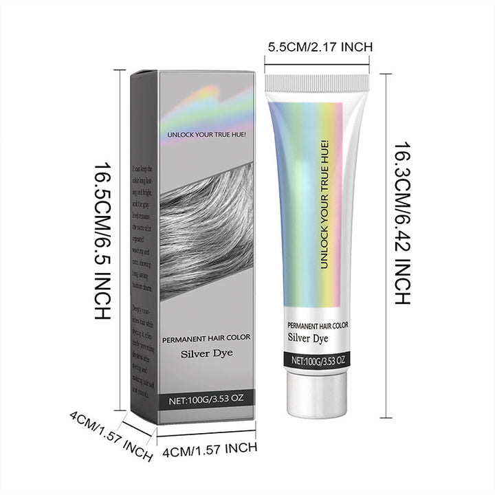 Tube and gray box with dimension lines showing the height and width of each package in centimeters and inches. 8