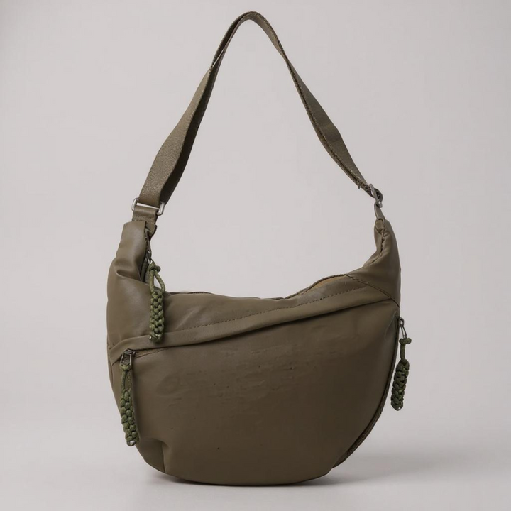 Olive green shoulder bag with adjustable strap and braided zipper pulls, another view.