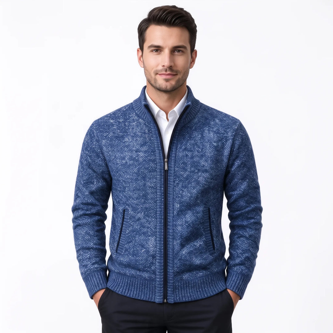 Model wearing a bright blue marled knit zip cardigan with black pants 37