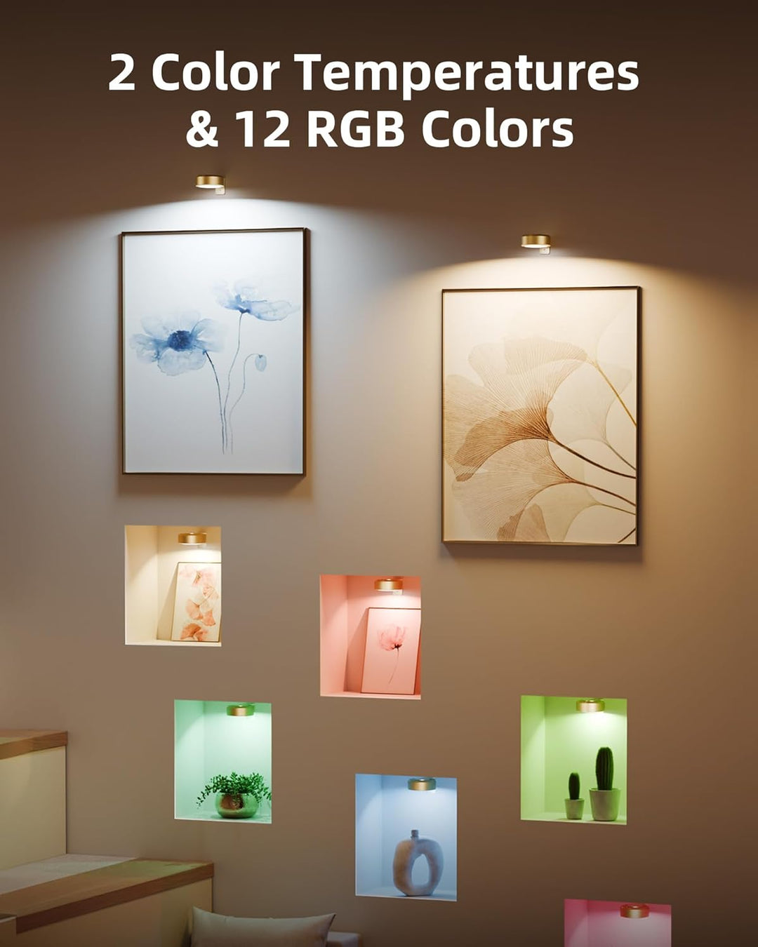 Gold lights above two framed floral prints and in wall niches, showing cool white, warm white and colored lighting on small decor. 5