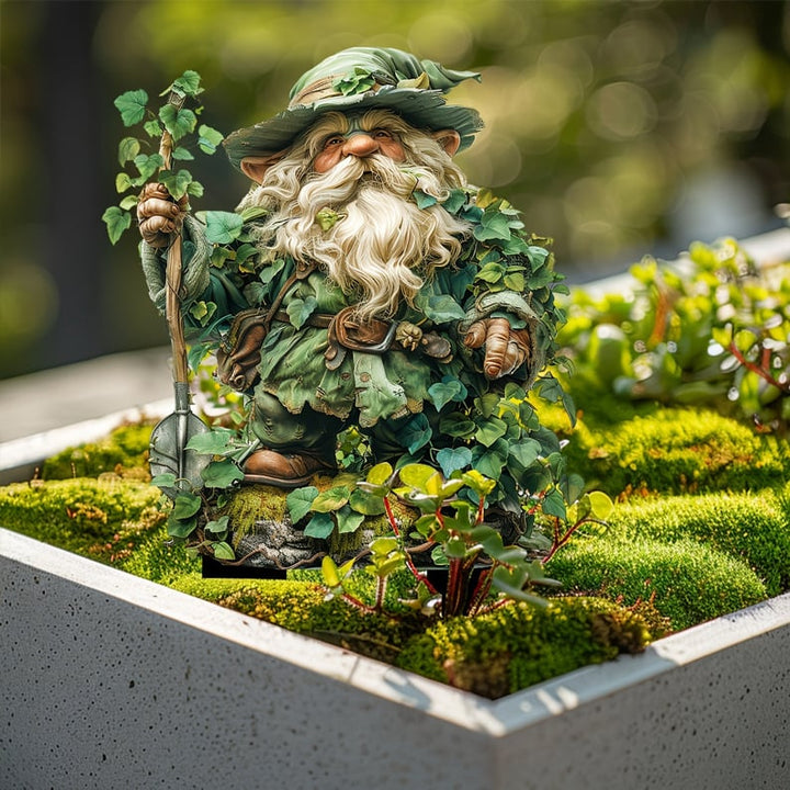 Fairy Tale Acrylic Garden Stake with a bearded gnome and mossy planter detail