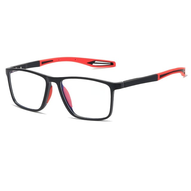 Black square frame with red temple tips and red nose pads with a faint blue reflective coating on the lenses.
