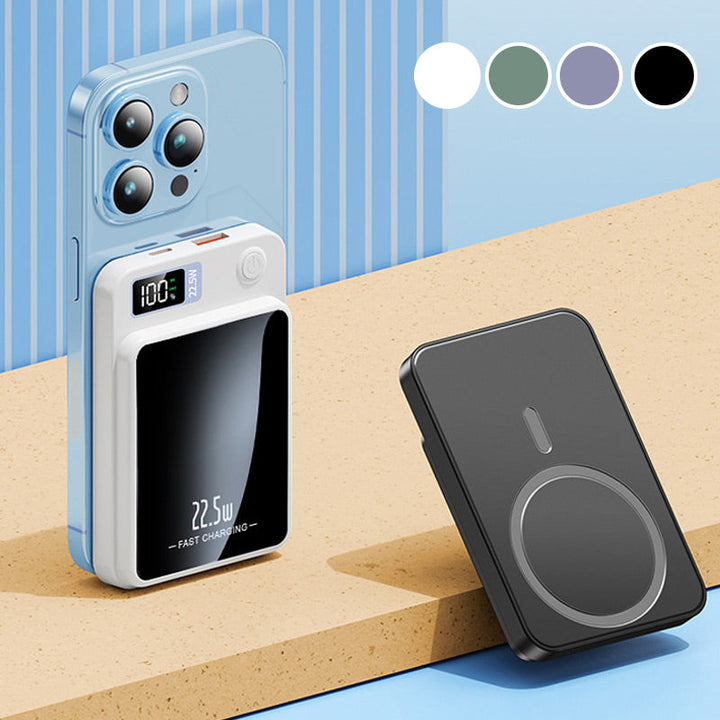 White power bank magnetically attached to a blue phone, beside a black unit propped up; four color options shown in corner. 5