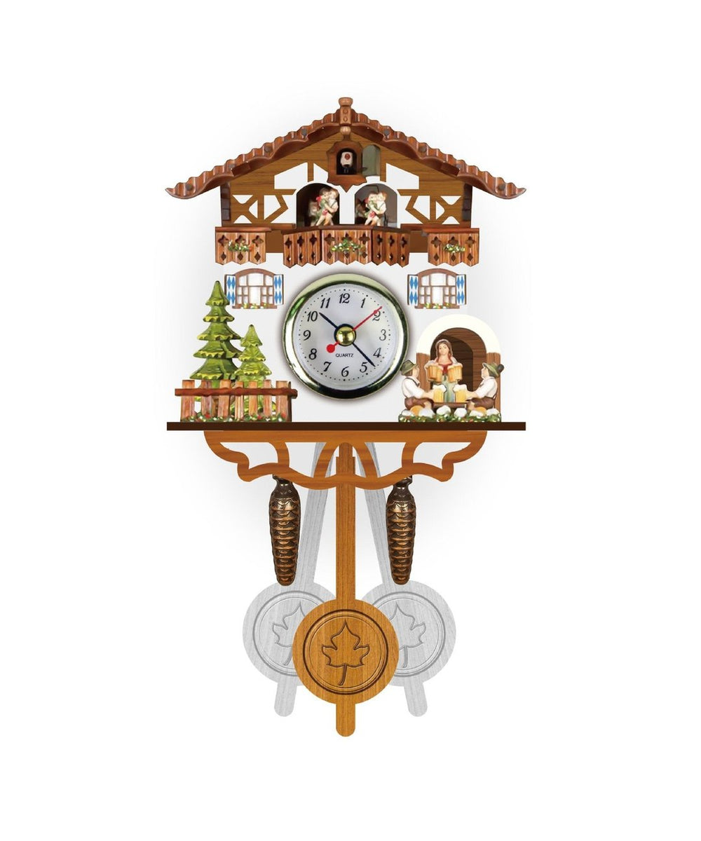 Small chalet-style wall clock with quartz dial, dancing couples, pine trees, beer-drinking figures and swinging pendulum 2