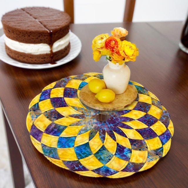 Same yellow, purple and teal round placemat on a wooden table next to a layer cake.