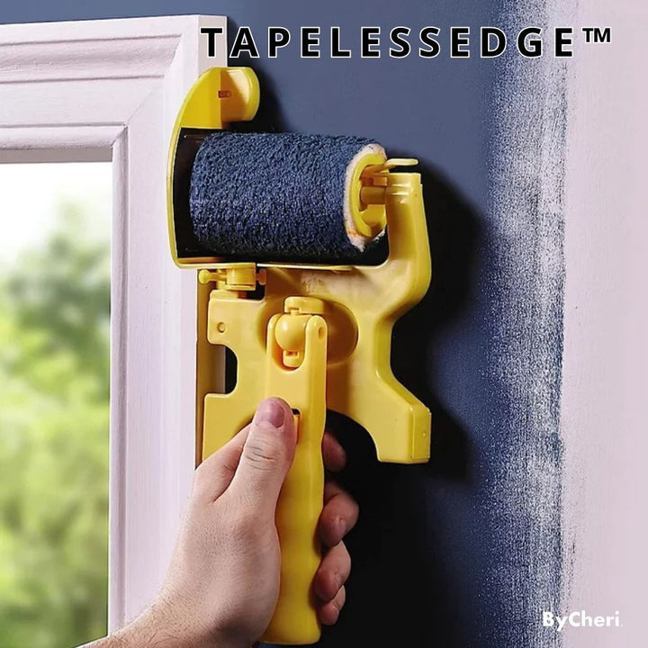 Yellow edge painting guide tool with a roller against a dark blue wall beside a white window frame.