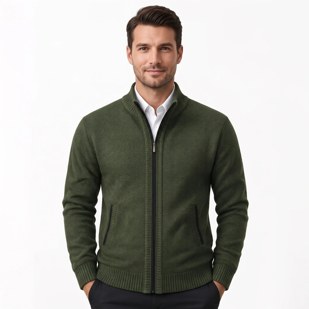 Model wearing a dark green knit zip cardigan with ribbed collar and trimmed pockets 39