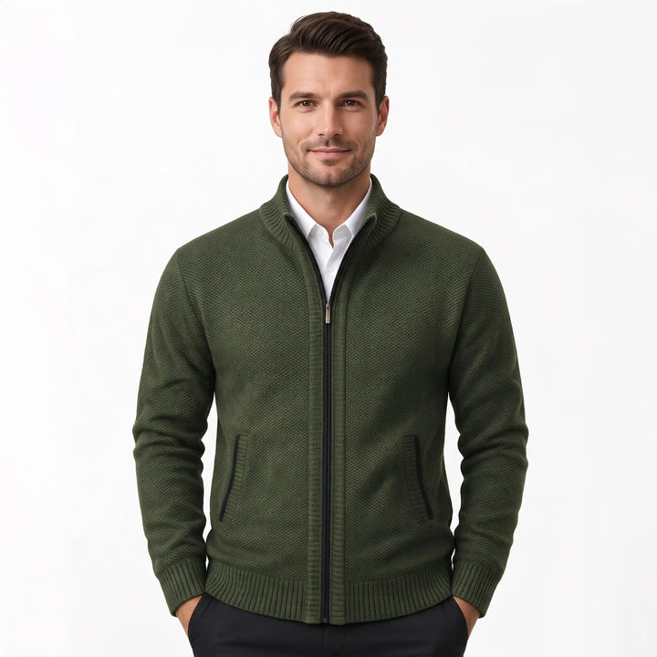 Model wearing a dark green knit zip cardigan with ribbed collar and trimmed pockets 39