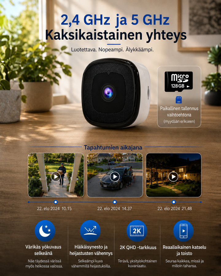 Camera next to a microSD card, with three timestamped event clips and icons for night color vision, 2K clarity and live viewing. 3