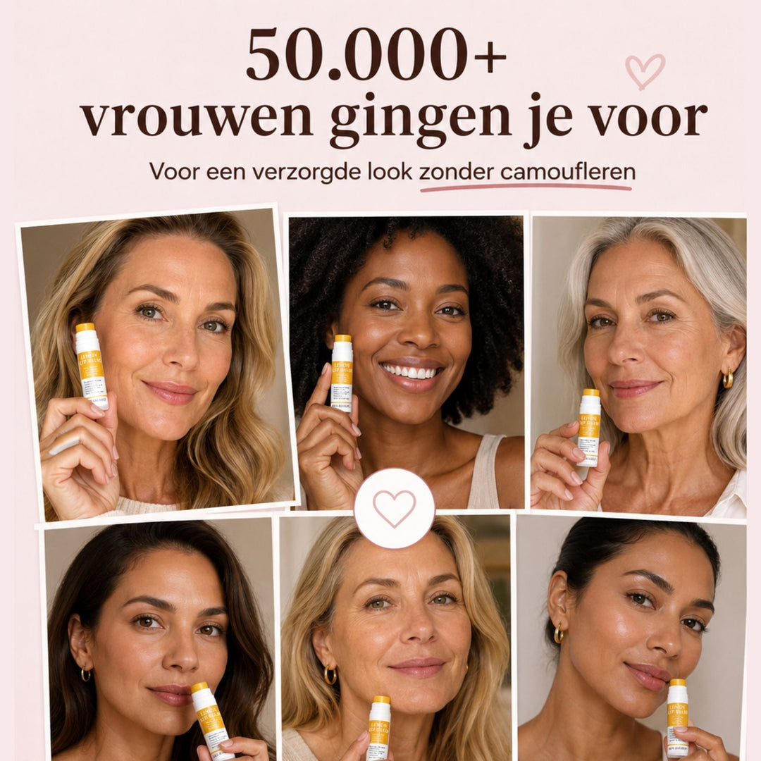 Lemon Lip Balm yellow-and-white balm stick shown with six women holding it near their face.