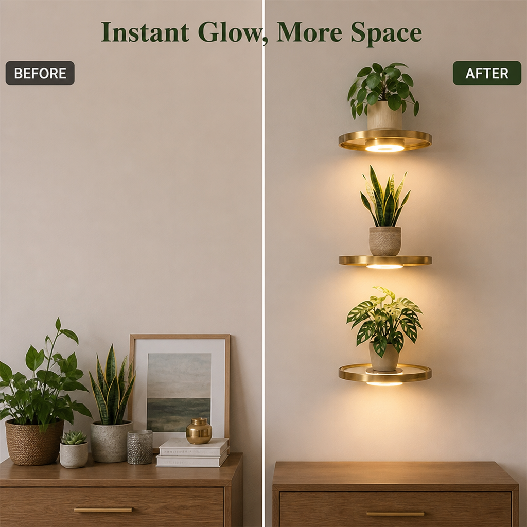 Before-and-after split of a wall above a wooden dresser, with crowded tabletop plants on the left and three glowing gold shelves on the right.