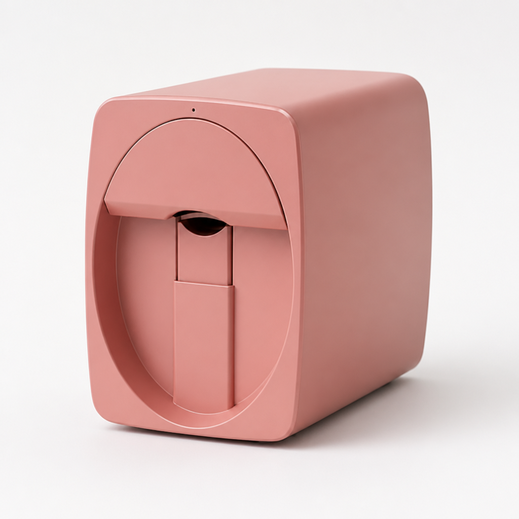 Pink nail printer with an oval front opening shown from a three-quarter angle against a plain white background. 4