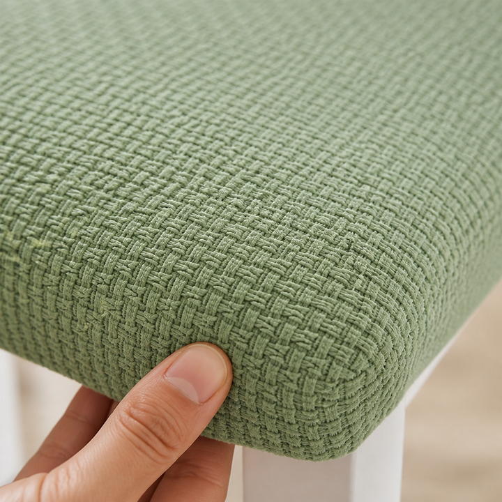 Close-up of the green woven jacquard texture on a chair cover, detail.