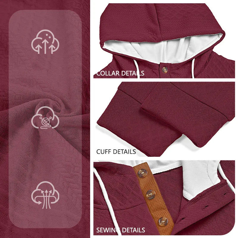 Collage of burgundy hoodie fabric texture, collar, cuff and button placket sewing details with small feature icons 3